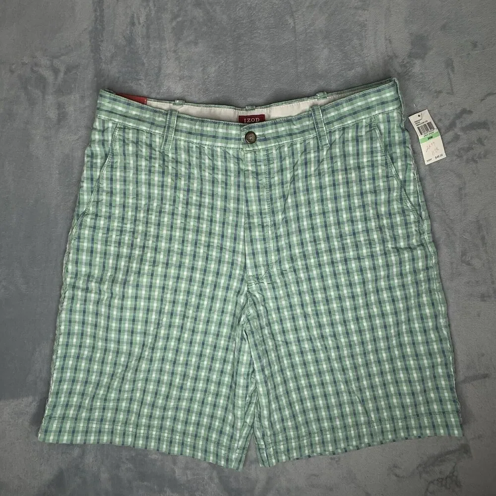 IZOD Men 34 Shorts Green Seersucker Plaid Luxury Sport Chino Golf Flat 9